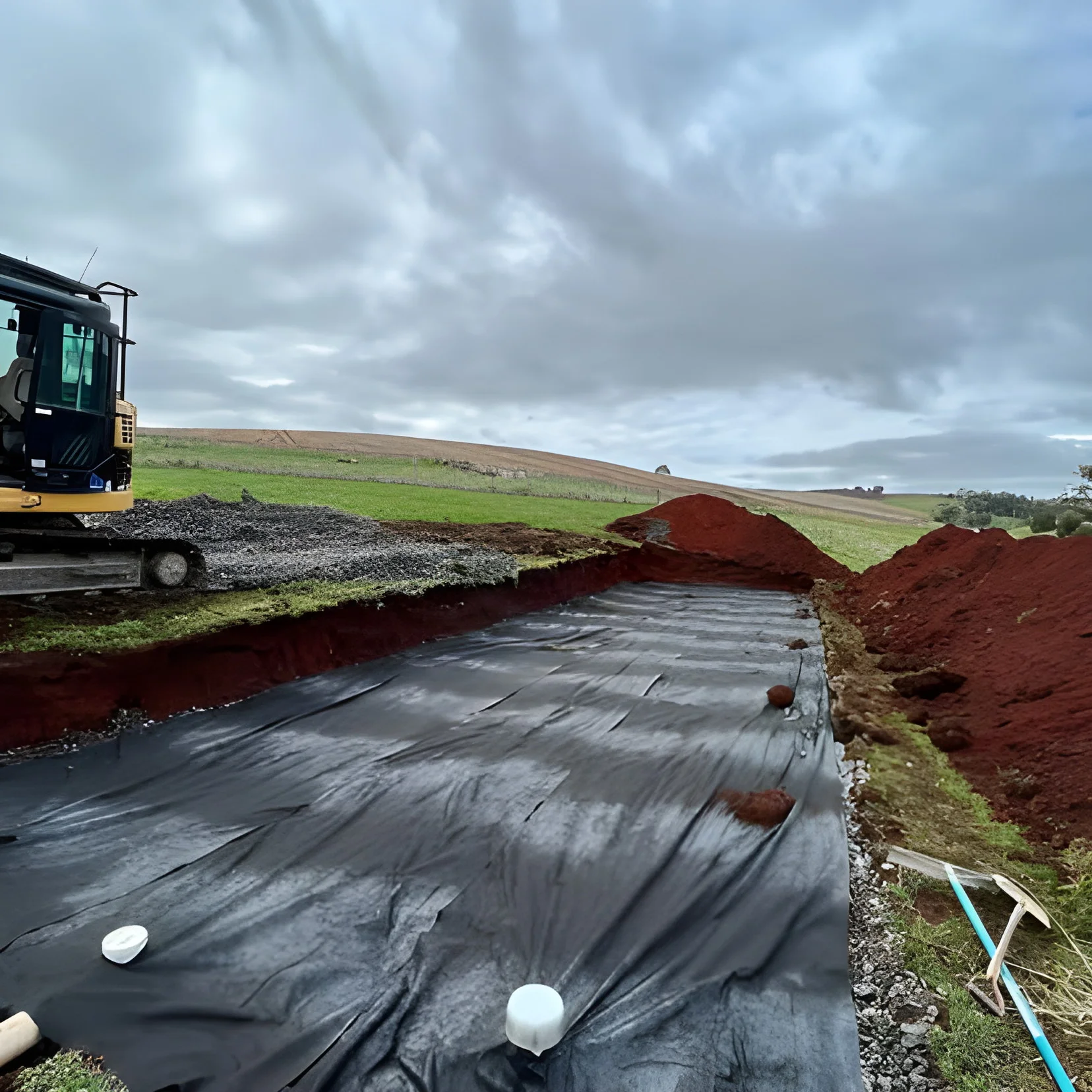 Agricultural drainage trench with geofabric on Tasmanian farmland installed by LCB Contracting