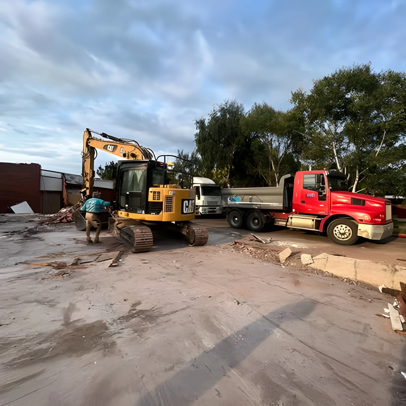 LCB Contracting CAT excavator and tip truck completing a house demolition site clearance