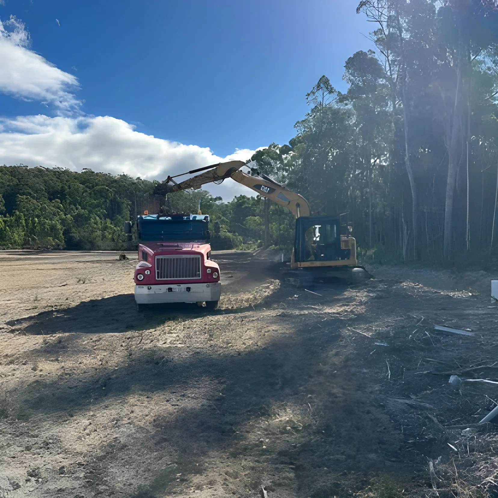 Red tip truck and CAT excavator clearing a bush block