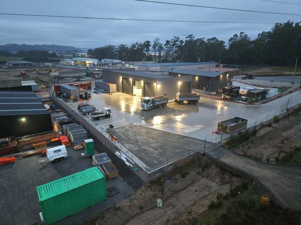Aerial view of the LCB Contracting base and yard at dawn