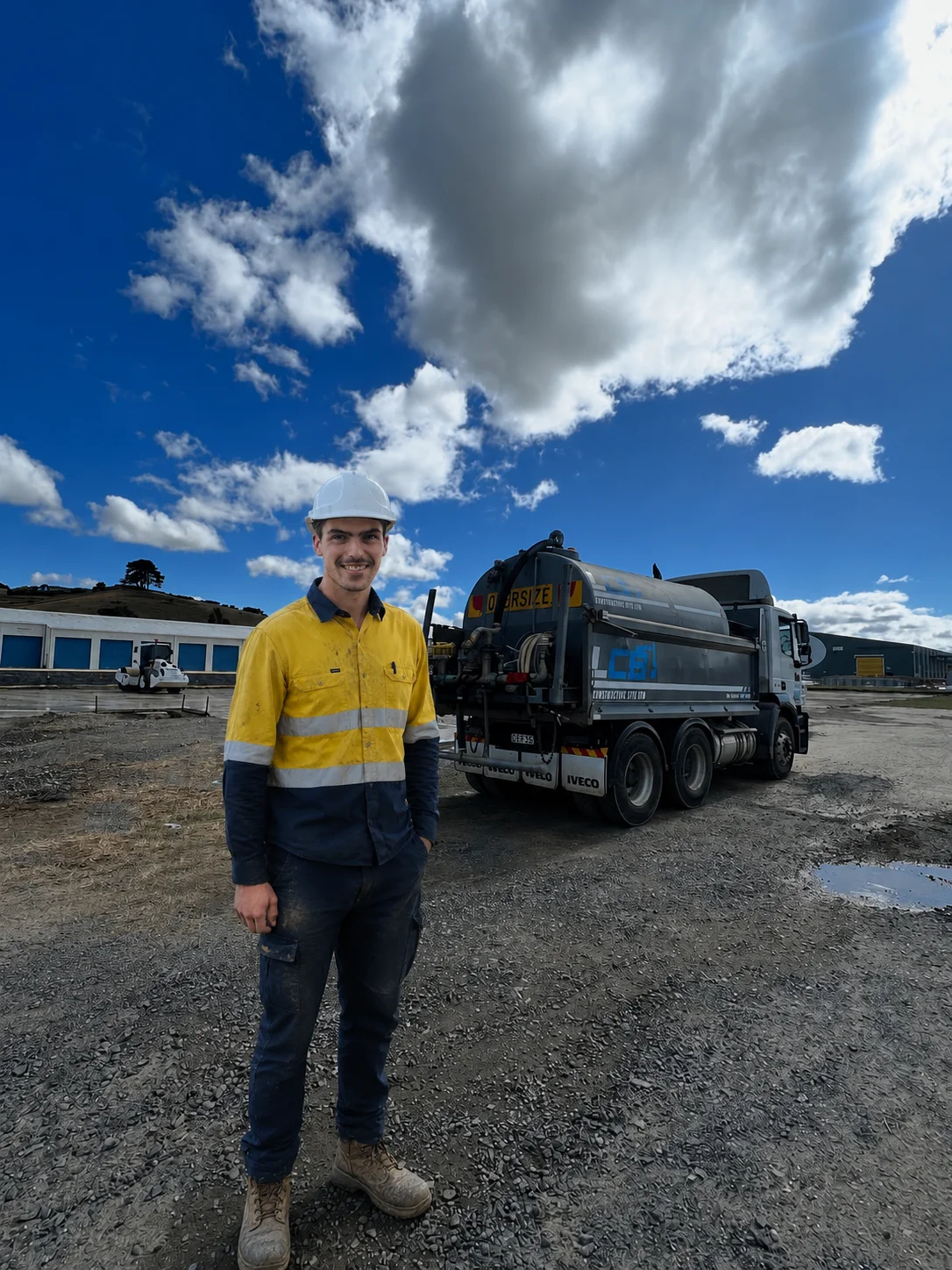 Lucas Badcock, owner of LCB Contracting, on site with the water cart in North West Tasmania
