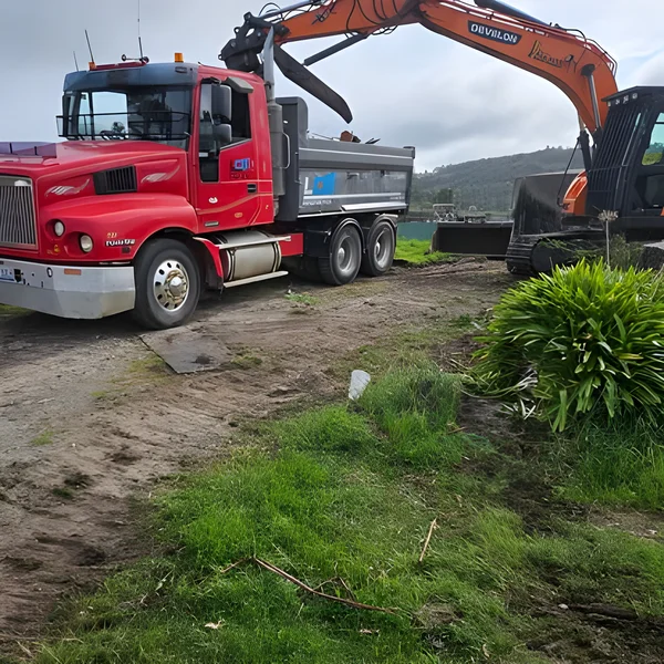 Land clearing with tip truck and Develon excavator in Wynyard