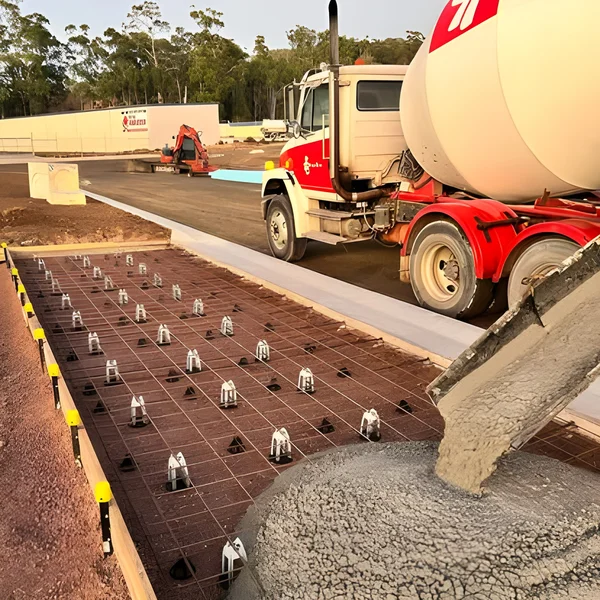 Concrete slab pour with agitator truck on a new building pad
