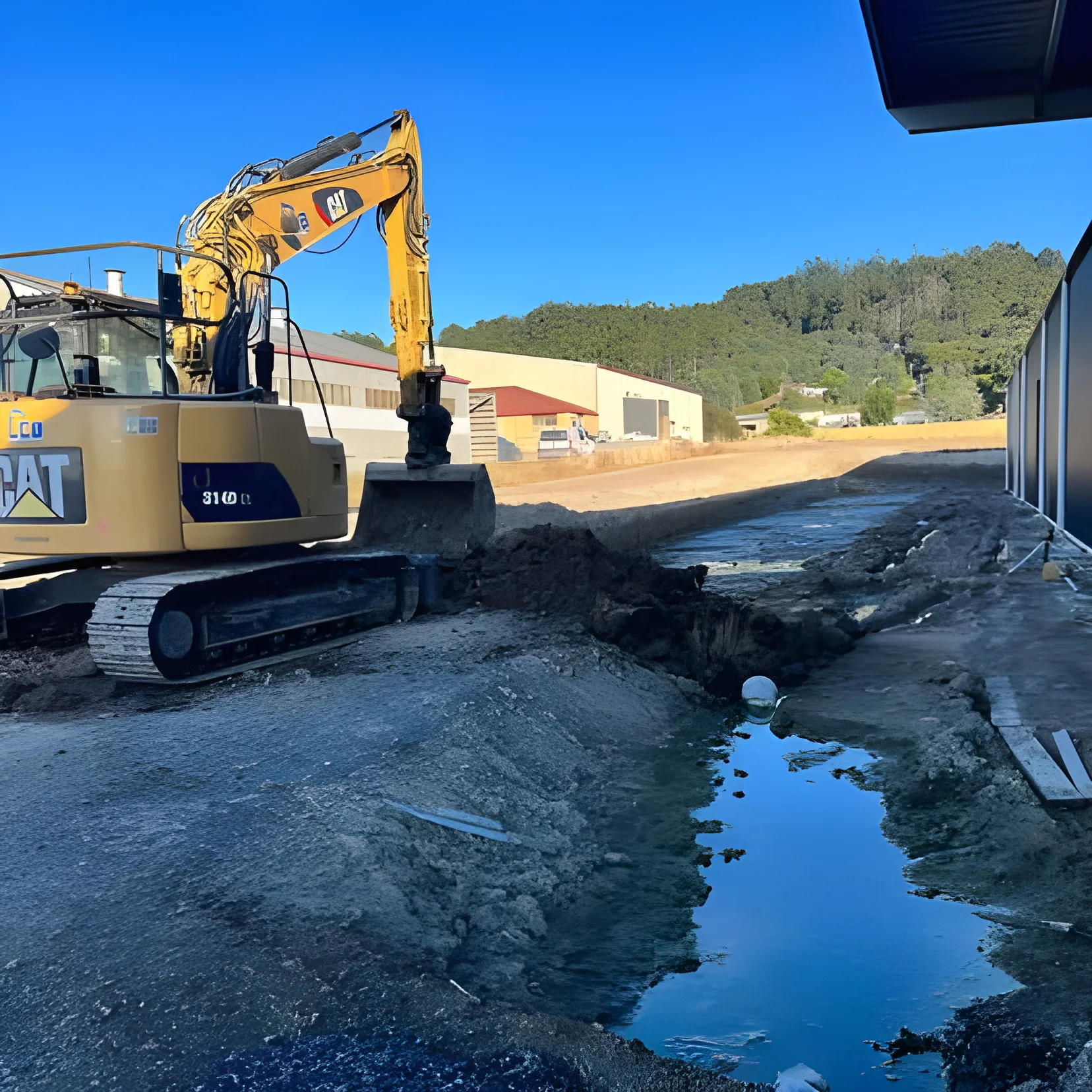 Excavator cutting the dam and drainage lines
